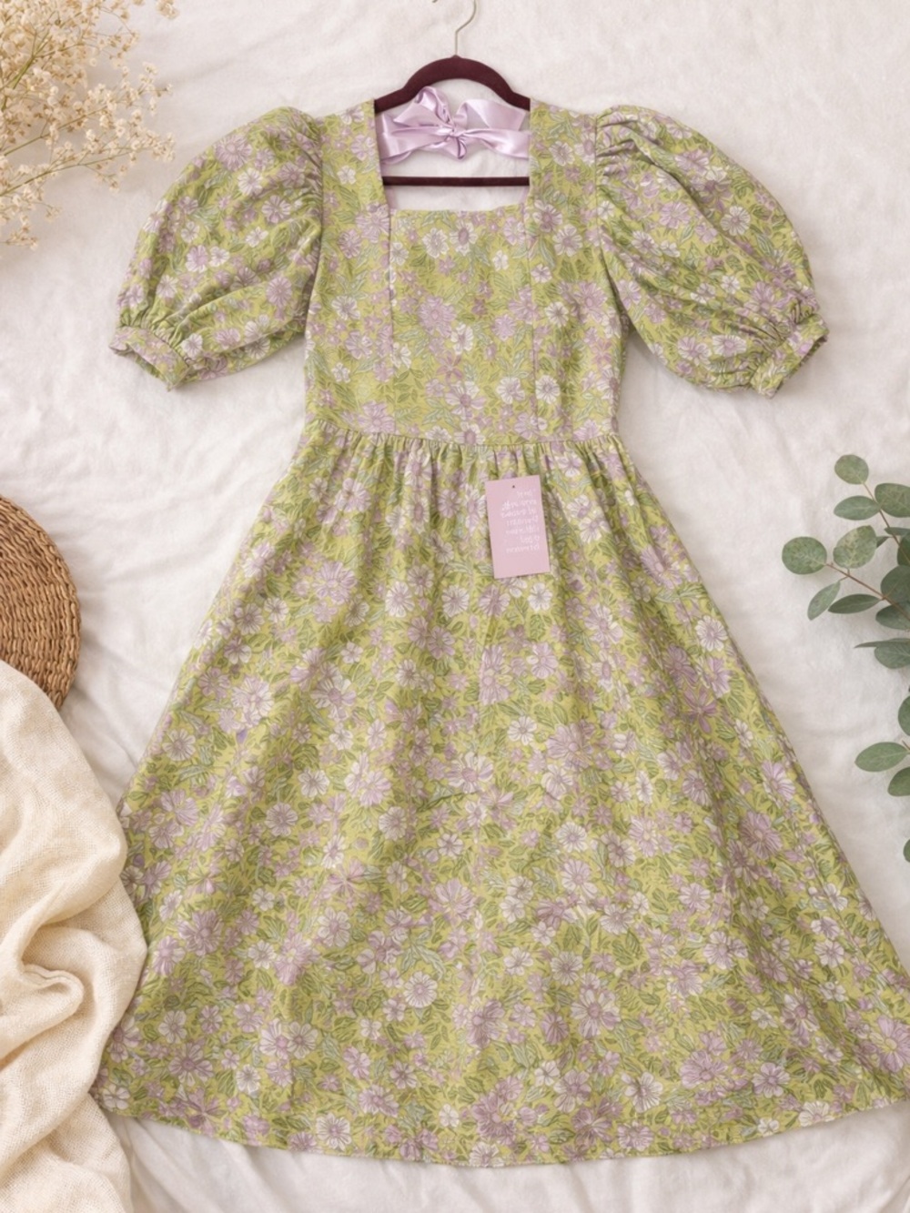 Floral Square-Neck Midi Dress in Light Green and Lavender